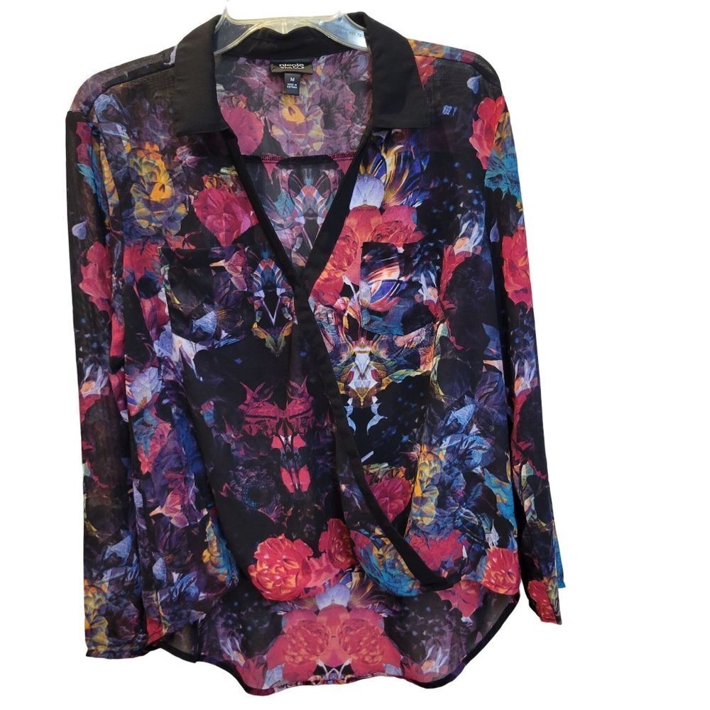 Nicole Miller Sz M Floral Semi Sheer LS Faux Wrap Hi Lo Collared Blouse Pocket
